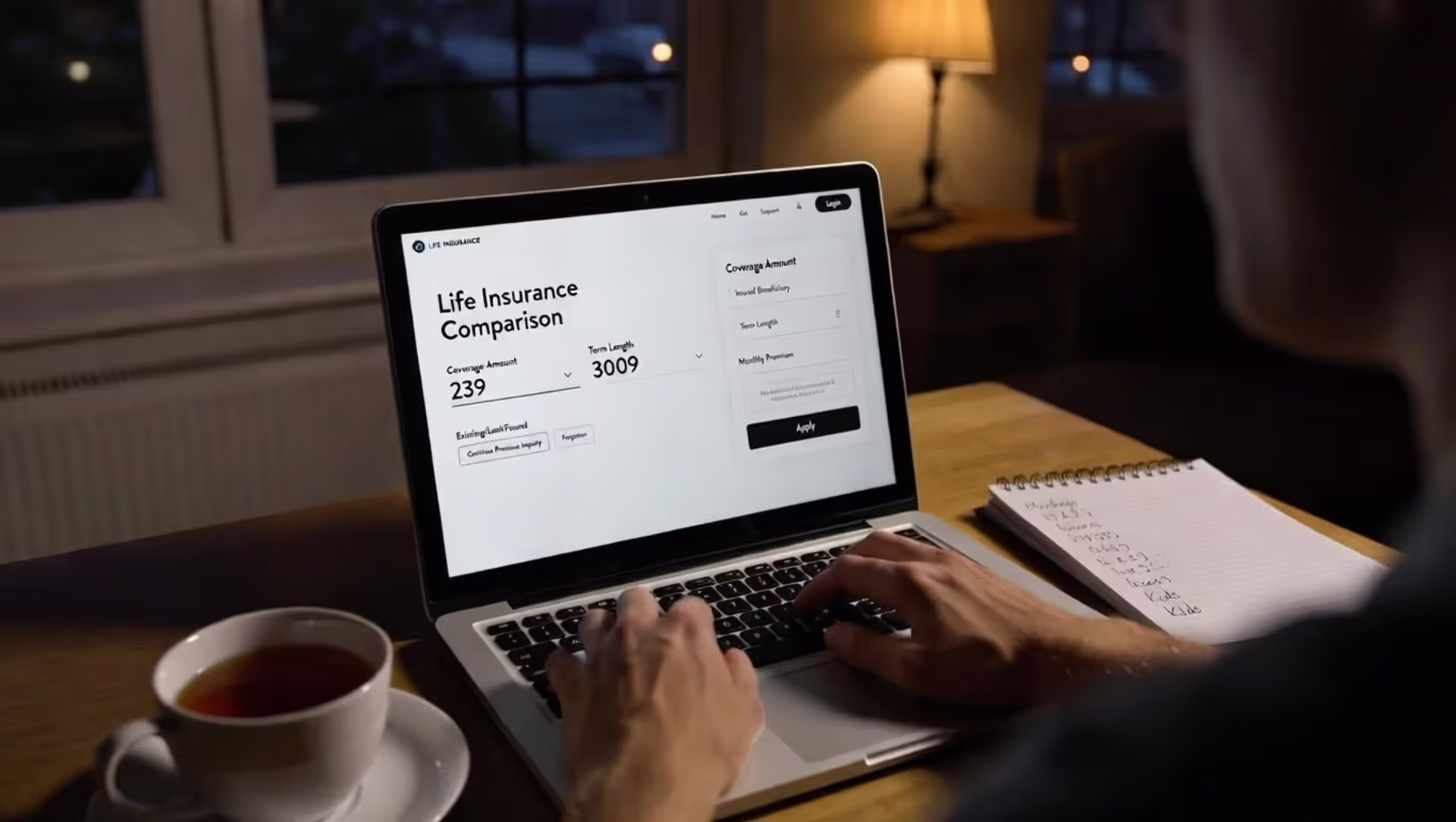 Person comparing life insurance options on a laptop with notes about coverage needs.