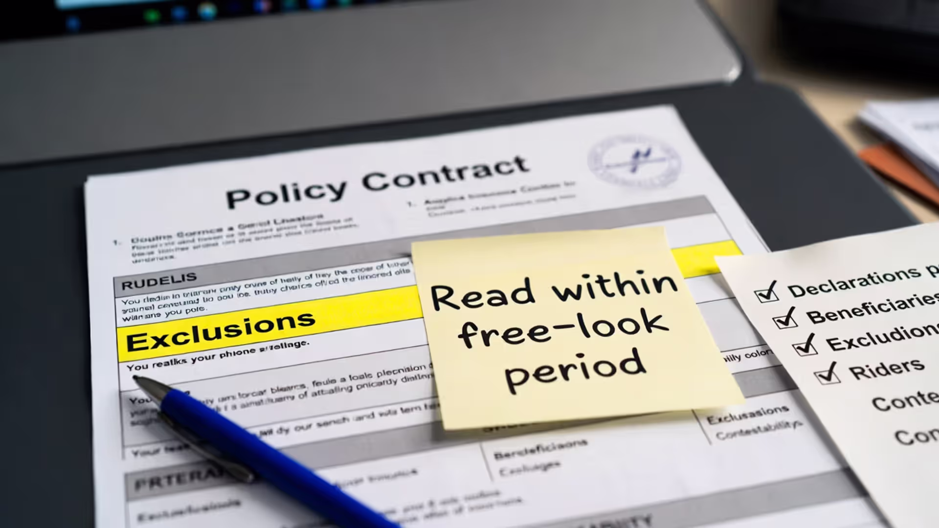 Open life insurance contract on a desk with a checklist of key sections to review.